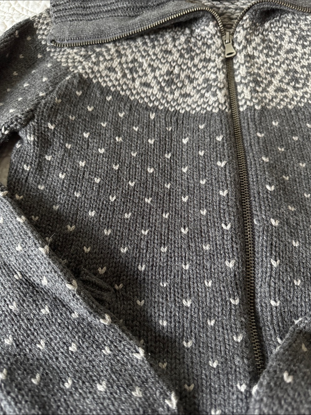 Talbots Charcoal and White Zip-Front Fair Isle Cardigan - Picture 3 of 7